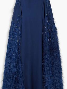 Madalena cape-effect crystal and feather-embellished crepe gown