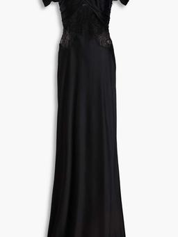 Cold-shoulder corded lace-paneled satin gown