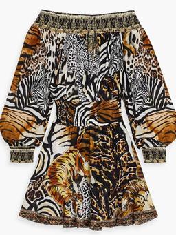 Off-the-shoulder crystal-embellished printed silk crepe de chine mini dress