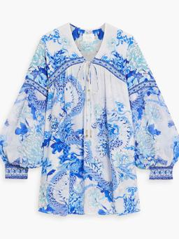 Crystal-embellished printed silk crepe de chine blouse