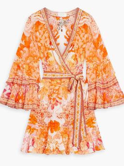 Crystal-embellished printed silk crepe de chine mini wrap dress