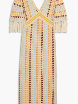 Berry open-back fringed crocheted cotton midi dress