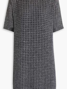 Sequin-embellished metallic open-knit mini dress