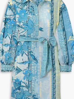 Odessa Blossom belted printed cotton-poplin mini shirt dress