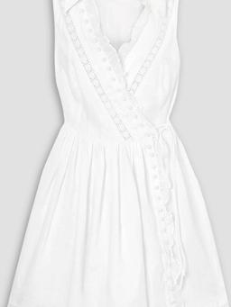 Amella ruffled crochet-trimmed linen mini wrap dress