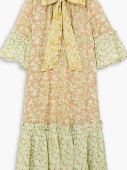 Angelica pussy-bow tiered printed linen maxi dress