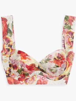 Pleated floral-print linen and silk-blend bra top