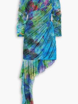 Asymmetric printed stretch-mesh turtleneck mini dress