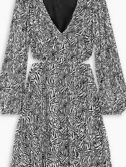 Cutout pleated zebra-print georgette mini dress