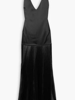 Convertible fringed satin and silk-organza maxi dress