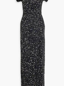 Wrap-effect embellished crepe de chine gown