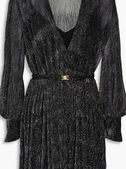 Wrap-effect belted metallic knitted mini dress