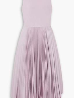 Dera asymmetric stretch-knit and plissé-satin midi dress