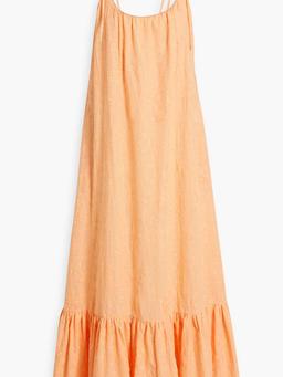 Celeste ruffled embroidered linen midi dress