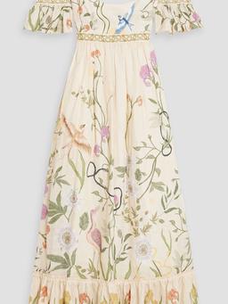 Sueno Paraiso cold-shoulder embroidered printed linen maxi dress