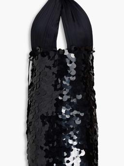 Cutout satin-paneled sequined tulle halterneck mini dress