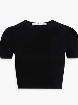 Cropped appliquéd pointelle-knit top