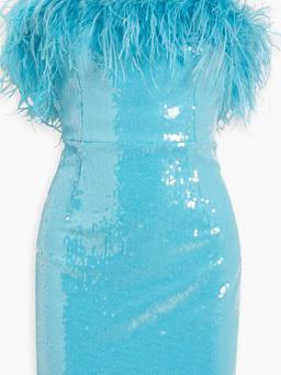 Nicolette strapless feather-trimmed sequined tulle mini dress