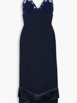 Crochet and tulle-trimmed fringed stretch-ponte maxi dress