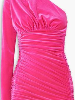One-shoulder ruched stretch-velvet mini dress