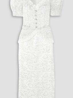 Crystal-embellished ruffled silk organza-trimmed metallic lace peplum dress