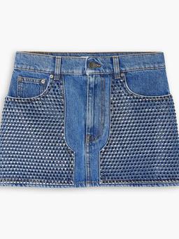 Crystal-embellished printed denim mini skirt