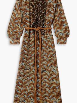 Frill belted ruffled printed linen-gauze maxi dress