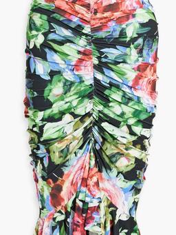 Ruched floral-print stretch-jersey midi skirt