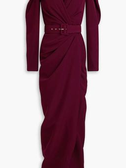 Wrap-effect belted crepe gown