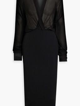 Wrap-effect silk-georgette and ribbed-knit midi dress