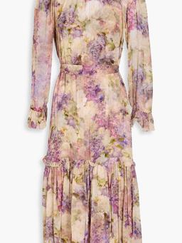 Ruffled floral-print chiffon midi dress