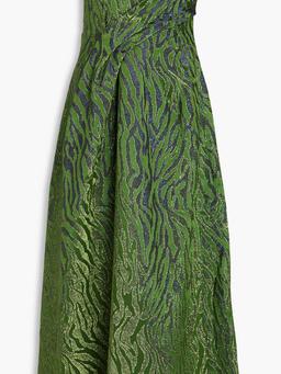 Raina strapless metallic zebra-print satin-jacquard midi dress