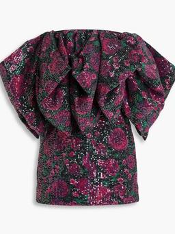 Floral-print sequined tulle strapless mini dress