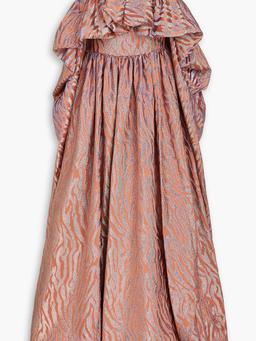 Amyris ruffled metallic satin-jacquard gown