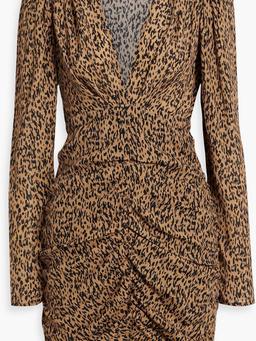 Elsana ruched leopard-print crepe de chine mini dress
