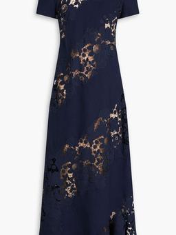 Cutout guipure lace-paneled wool-blend maxi dress
