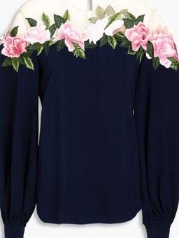 Embroidered tulle-trimmed crepe blouse