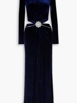 Cutout gathered crystal-embellished velvet maxi dress