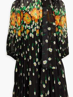 Pussy-bow floral-print plissé-chiffon mini dress