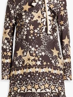 Pussy-bow printed silk-twill mini dress