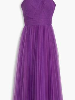 One-shoulder pleated tulle midi dress