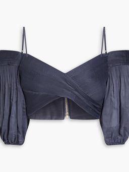 Cropped cold-shoulder pleated organza top