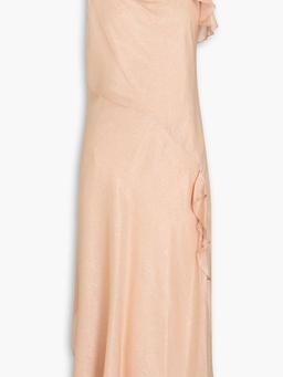 Asymmetric draped metallic crepe midi dress