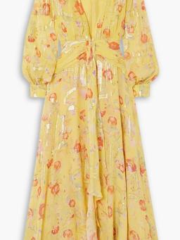 Meera gathered floral-print metallic fil coupé silk-blend maxi dress