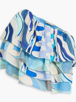 One-shoulder ruffled printed cotton-voile top