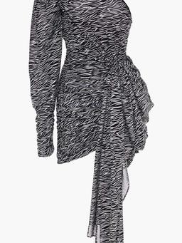 One-shoulder gathered glittered mesh mini dress