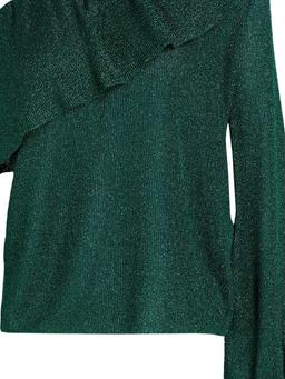 One-sleeve ruffled metallic stretch-knit top