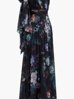 One-shoulder pleated floral-print chiffon gown
