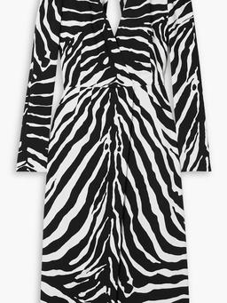 Ruched zebra-print crepe midi dress