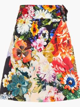 Embellished floral-print crepe de chine mini skirt